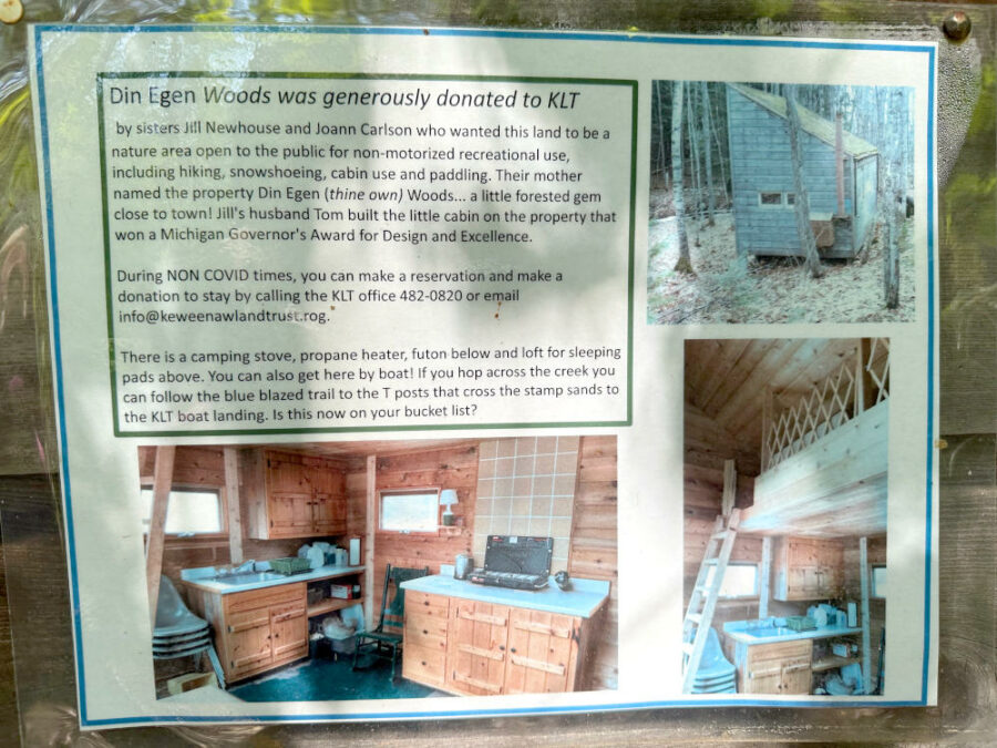 Sign at the Din Egen Woods cabin explains how to rent it